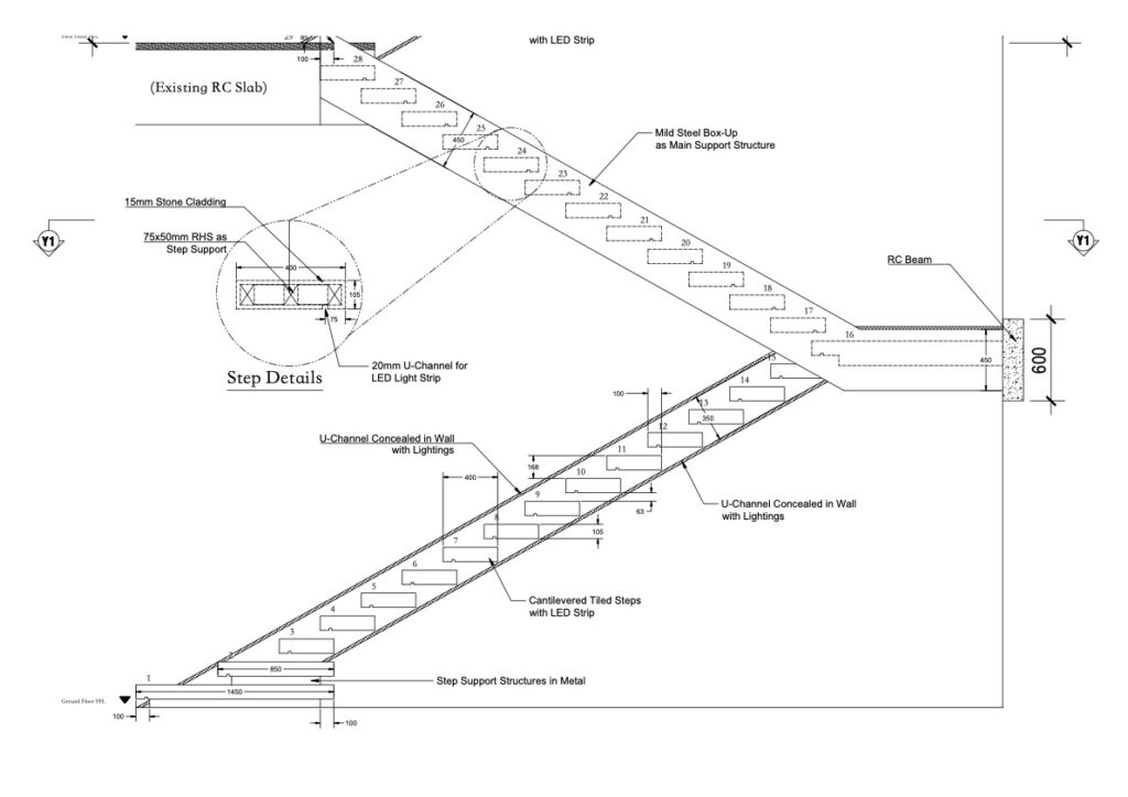 Cutaway diagram of cantilevered stone tread anchored into structural wall